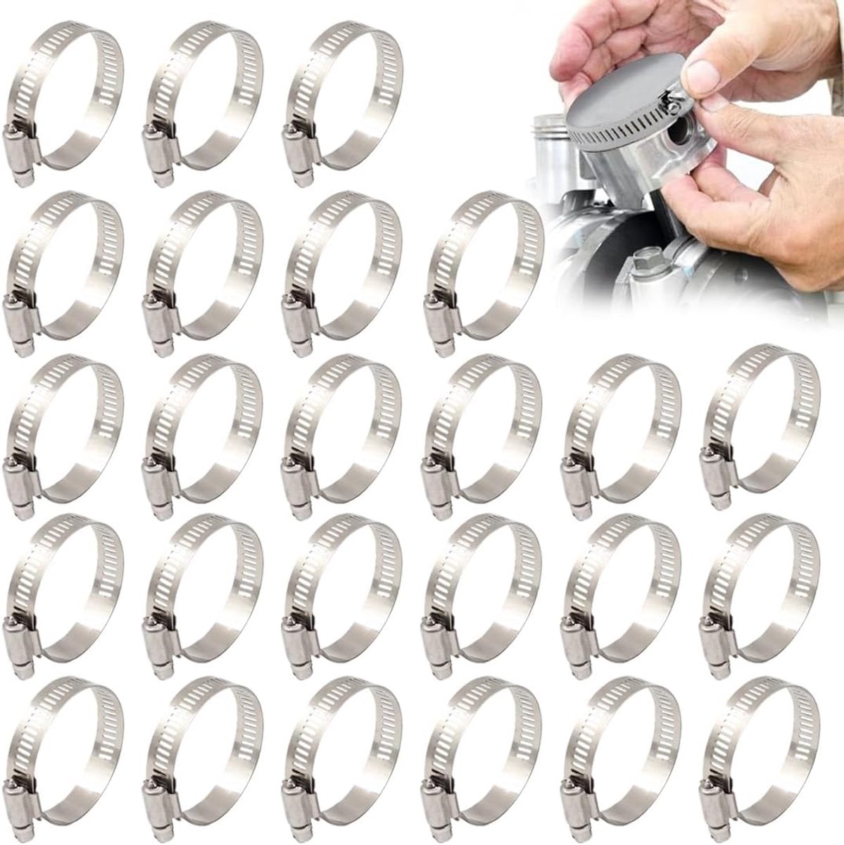 Pack of 25 304 Stainless Steel Hose Clips with Mounting Clips for Water Hoses (6-12 mm) - ShopVlot