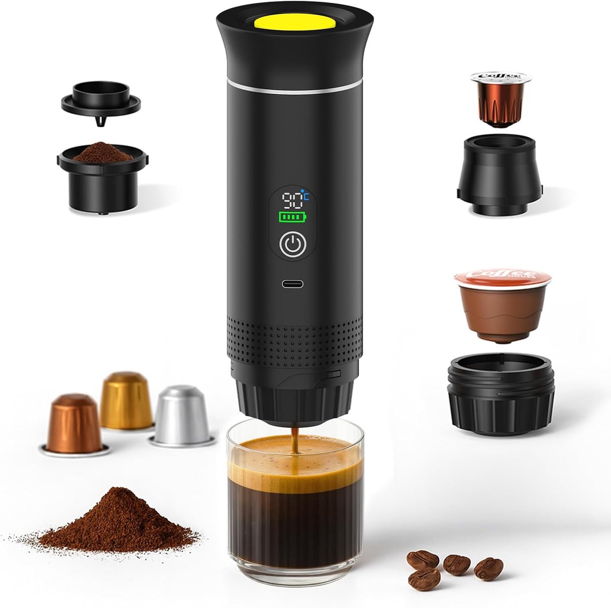 Draagbare Koffiezetapparaat -Elektrische Espressomachine met Anti-Slip Basis - Zelfverwarmend & USB-C – Geschikt voor Gemalen Koffie & Capsules voor Reizen, Camping, Auto en Kantoor