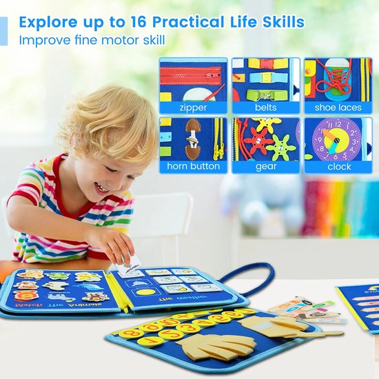 Busy Board - Montessori Speelgoed - Peuter Speelgoed - Activiteitenboek - Sensorisch Speelgoed - Reisspeelgoed - Educatief Speelgoed - Voor in de Auto - Cadeaus voor jongens en meisjes van 1 tot 4 jaar - Hemelsblauw — afbeelding 5