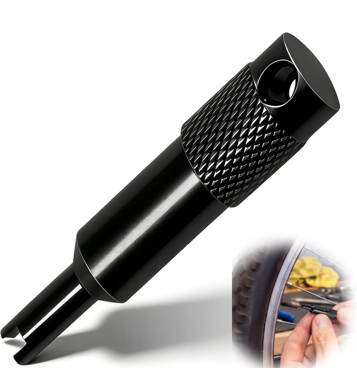 KZQ Ventielkern verwijdergereedschap 5 cm - Roestvrij staal met geribbelde grip en sleutelhanger - Geschikt voor auto motor fiets en vrachtwagen - Zwart