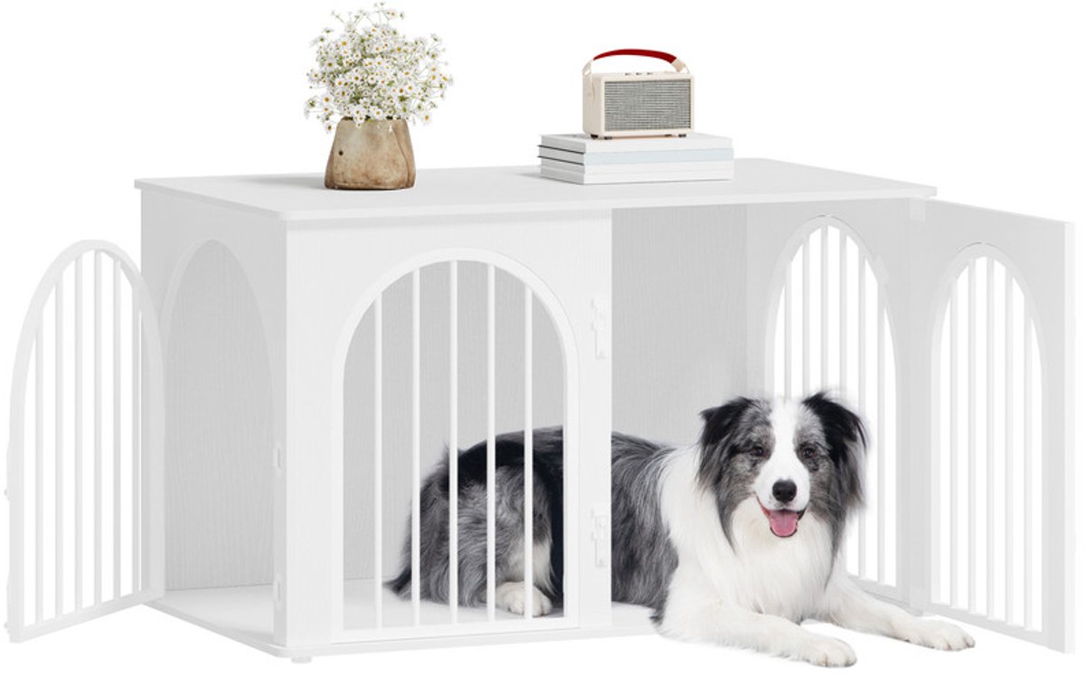 Hzuaneri 100 cm Hondenbench, meubel, hondenbox, 3 deuren, gebogen deur, moderne hondenboxs binnen voor honden, bijzettafel, hondenkooi voor thuis, robuuste hondenbox, 60 x 100 x 63 cm, Wit