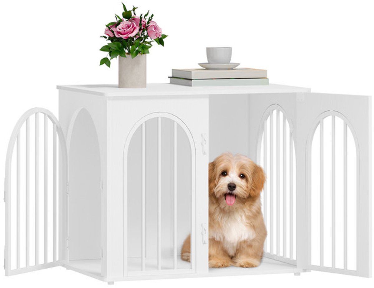 Hzuaneri 68 cm Hondenbench, meubel, hondenbox, 3 deuren, gebogen deur, moderne hondenboxs binnen voor honden, bijzettafel, hondenkooi voor thuis, robuuste hondenbox, 49 x 68 x 56 cm, Wit
