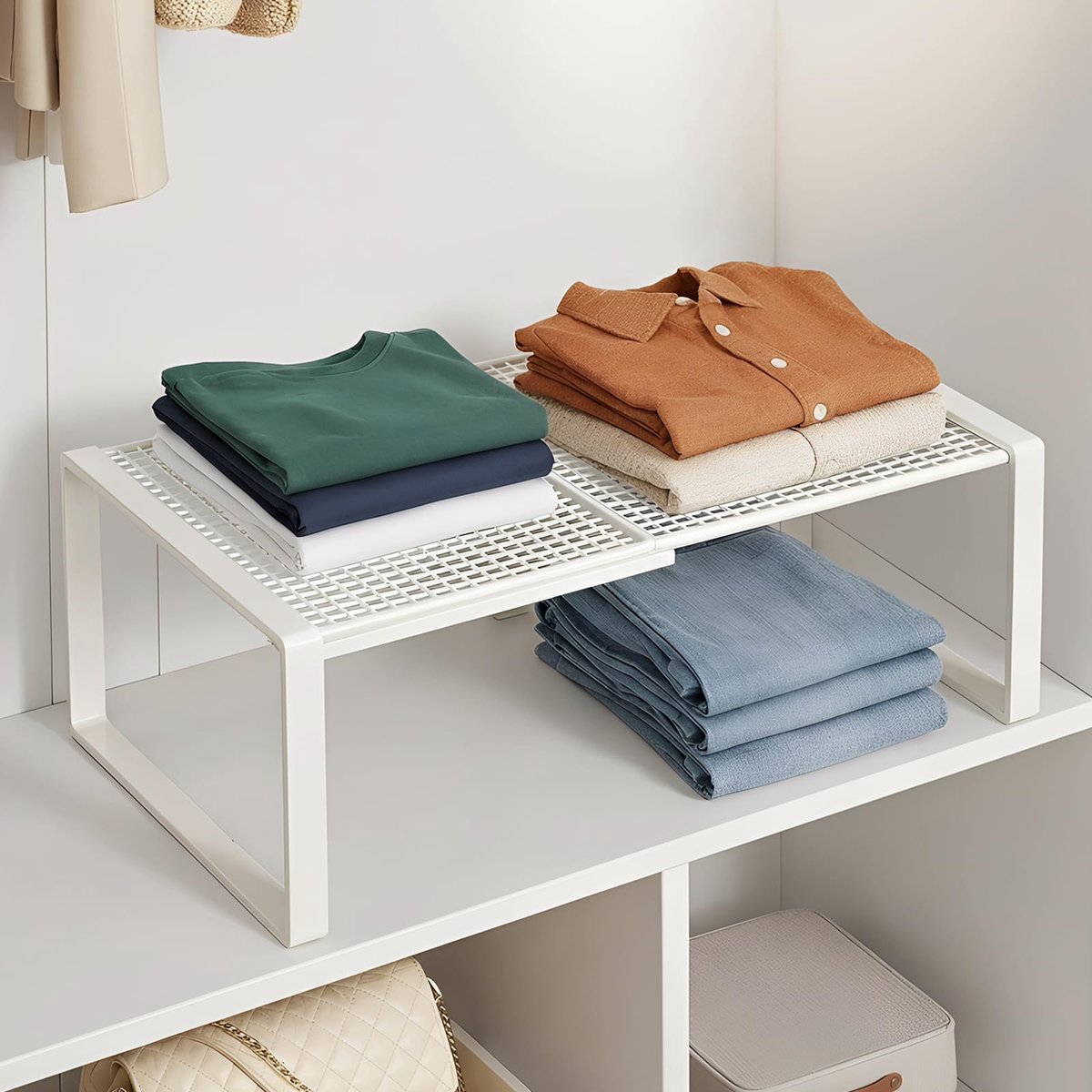 Uitschuifbare kleding organizer - kleding organizer opbergsysteem - Metalen shirt organizer - Ruimtebesparende plankorganizer - Wit, uitschuifbaar 38-62 cm