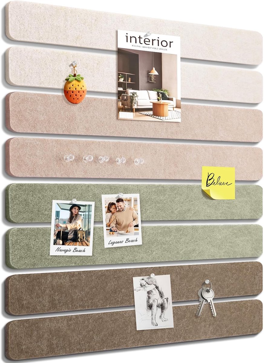 Set van 8 viltstrips - 0,9*5*33 cm - Vilt - Bruin/Grijs/Groen - Muurdecoratiestickers - Kleine prikbordtegels - Viltwandbekleding - Vrij te combineren - Geschikt voor foto's, gebedsborden, slaapzalen, kamers, thuiskantoren en organisatiebenodigdheden