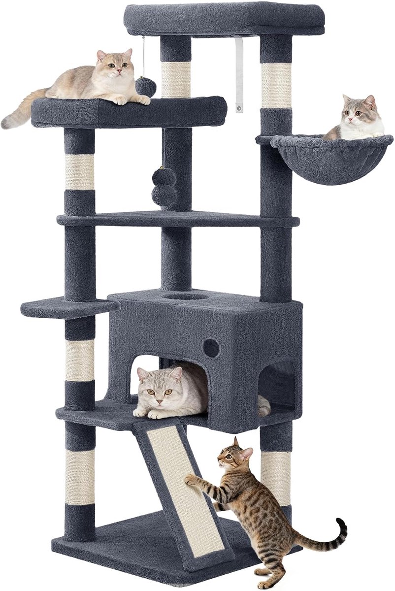 Hzuaneri Krabpaal 153 cm kattenboom, ruim en stabiel, met 6 krabpalen, 1 comfortabel groot kattenhuis, 3 grote platforms, kattenmand, pompons, scratching board, donkergrijs
