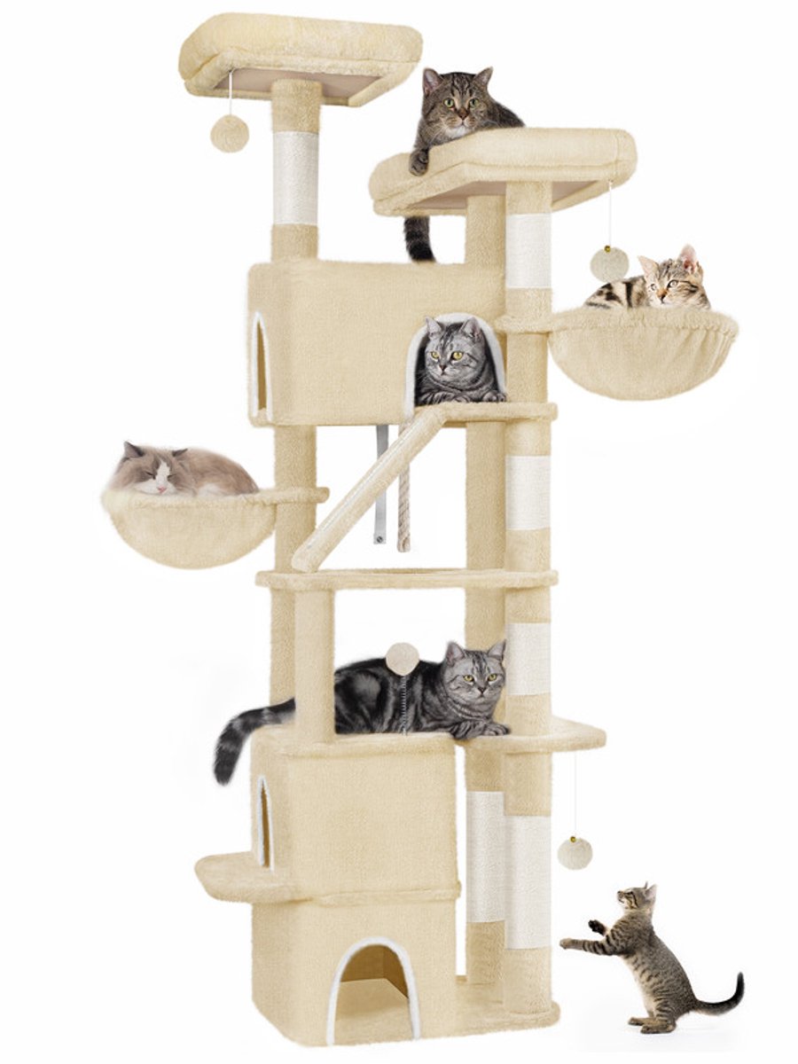 Hzuaneri krabpaal van 185 cm met 2 platforms, lichtgrijs, grote kattentoren voor binnenkatten, 3 slaapplekken, 6 krabpalen, 2 mandjes, pompons en een wasbaar kussen.