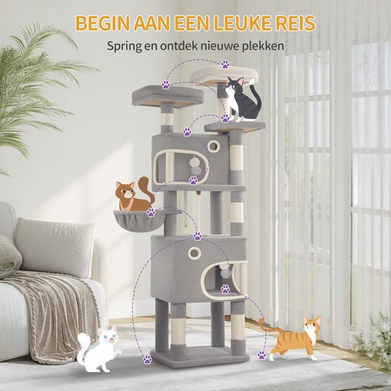 Grijze kattenkrabpaal met diverse speel- en rustplekken, met vier katten afgebeeld.