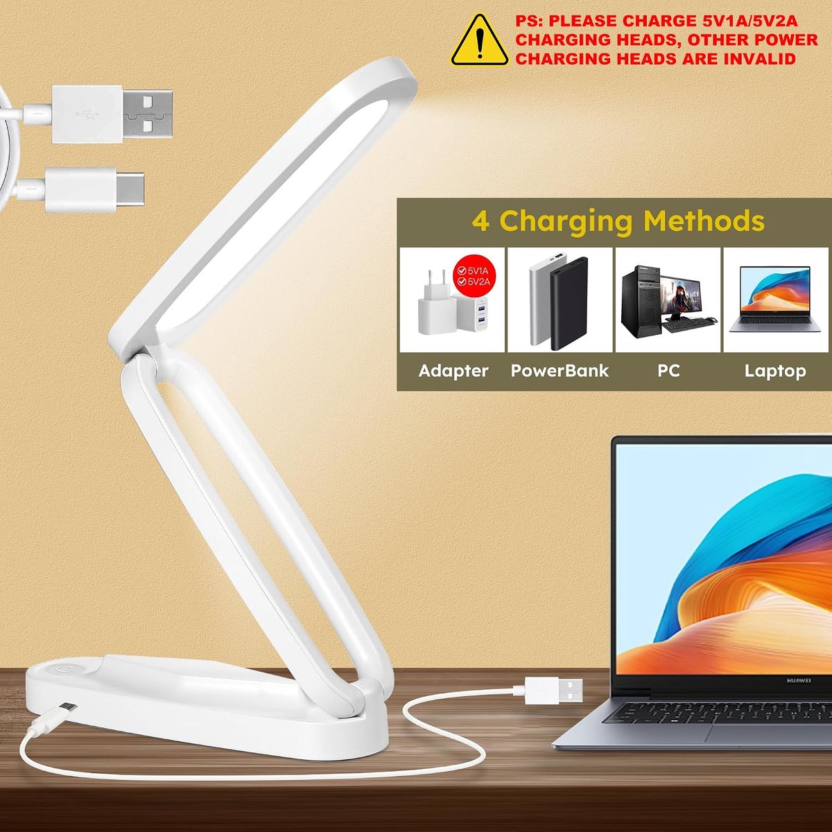 Bobypet - Opvouwbare Draadloze LED Bureaulamp met Accu - Oplaadbare Leeslamp met 3 Lichtstanden en Dimbare Functie - Draagbare USB C Tafellamp voor Studie, Kantoor, Reizen en Nagels - Wit thumbnail 5