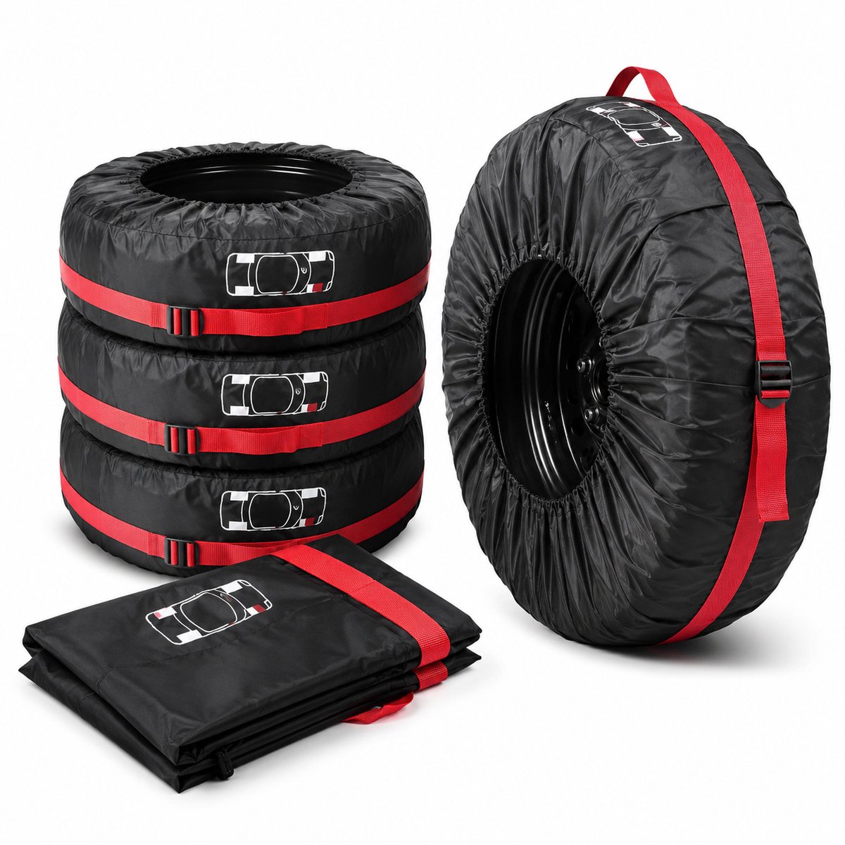 Bobypet - Bandentassen - Set van 4 bandenhoezen met handvat - Voor opslag en transport van seizoensbanden - Geschikt voor 19-23 inch banden - Diameter 80 cm - Zwart/Rood