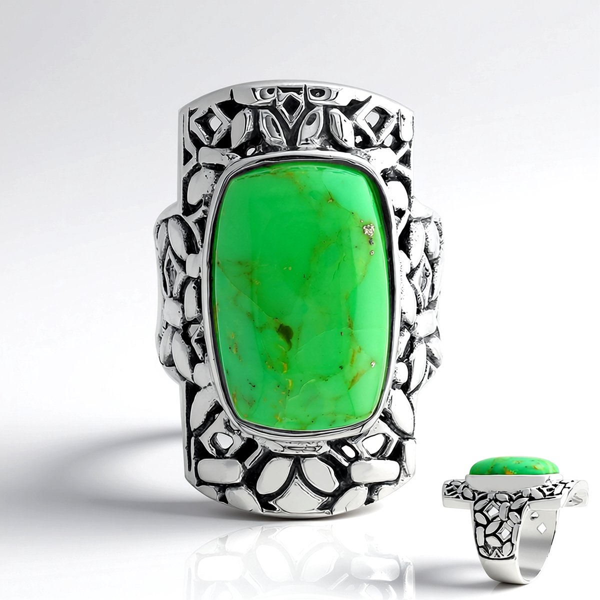 Cavill - 925 Sterling Zilver Ring - Groene Kingman Mohave Turkoois 6,12 ct - Handgemaakt Vintage Cabochon Edelsteen - Antiek Design