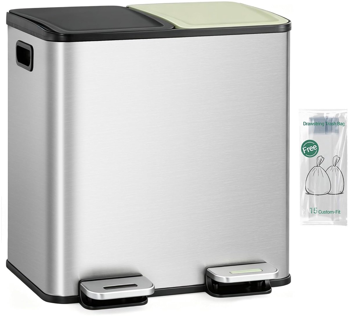 Hzuaneri Keukenafvalbak, 2 x 15 l, afvalscheidingssysteem met 2 vakken, afvalbak met gekleurd soft-close deksel en pedaal, keukenprullenbak met binnenemmers, staal, inclusief 15 vuilniszakken, zilver