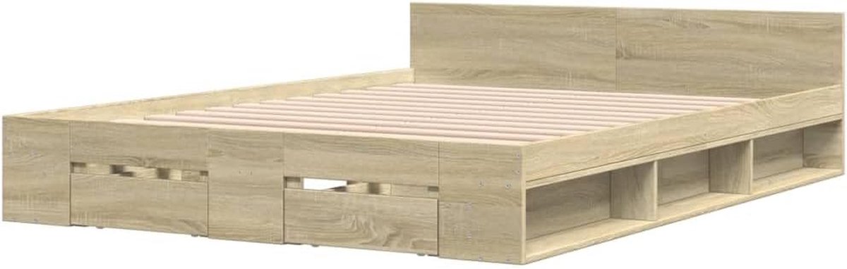 Bedframe met Laden - Tweepersoonsbed Omouw - Slaapkamer Organiseren - Vochtbestendig Materiaal - 140x190 cm - Sonoma Eiken