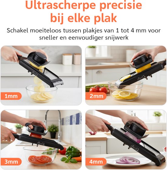 Mandoline snijder snijdt plakjes aardappel (1 mm), citroen (2 mm), tomaat (3 mm) en ui (4 mm).