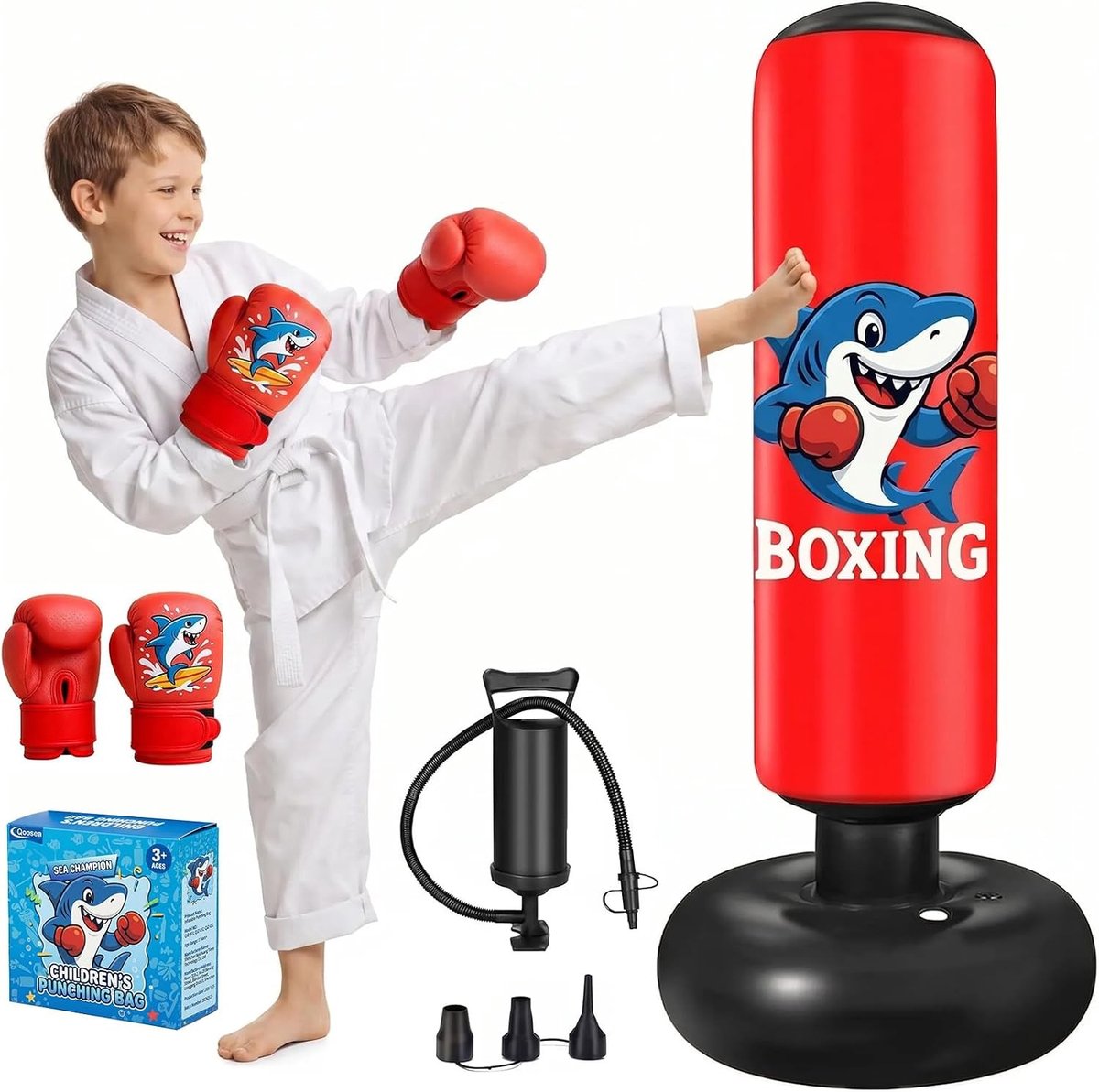 Bokszak voor kinderen van 3-8 jaar, 130 cm, opblaasbaar met bokshandschoenen, ideaal voor karate, kickboksen en taekwondo training