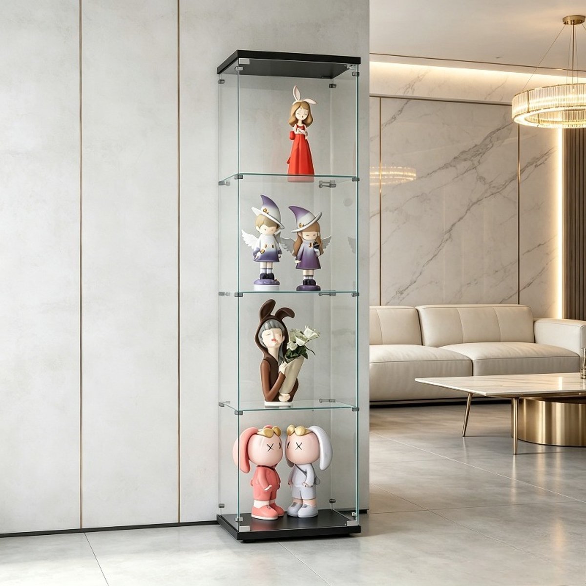 Vitrinekast 42,5x36,5x164 cm, 4-laags glazen kast met gehard glas, moderne displaykast voor woonkamer, boekenkast en opbergkast zwart