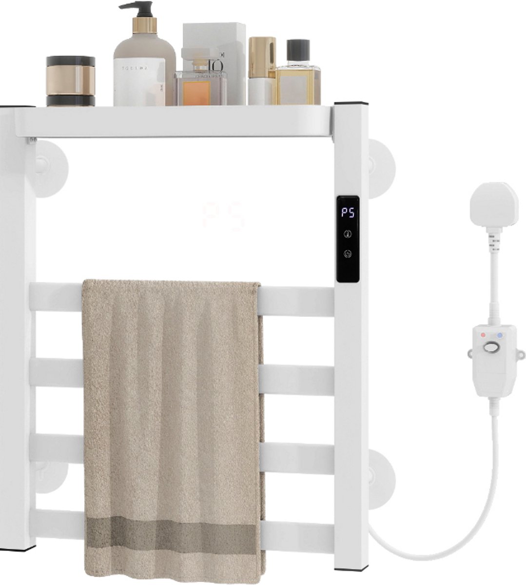 Puluomis - Elektrische handdoekhouder 72W - Wandmontage - Plank - Temperatuurregeling met 6 standen - Timerfunctie - Aluminiumlegering - 45~70℃ - Wit