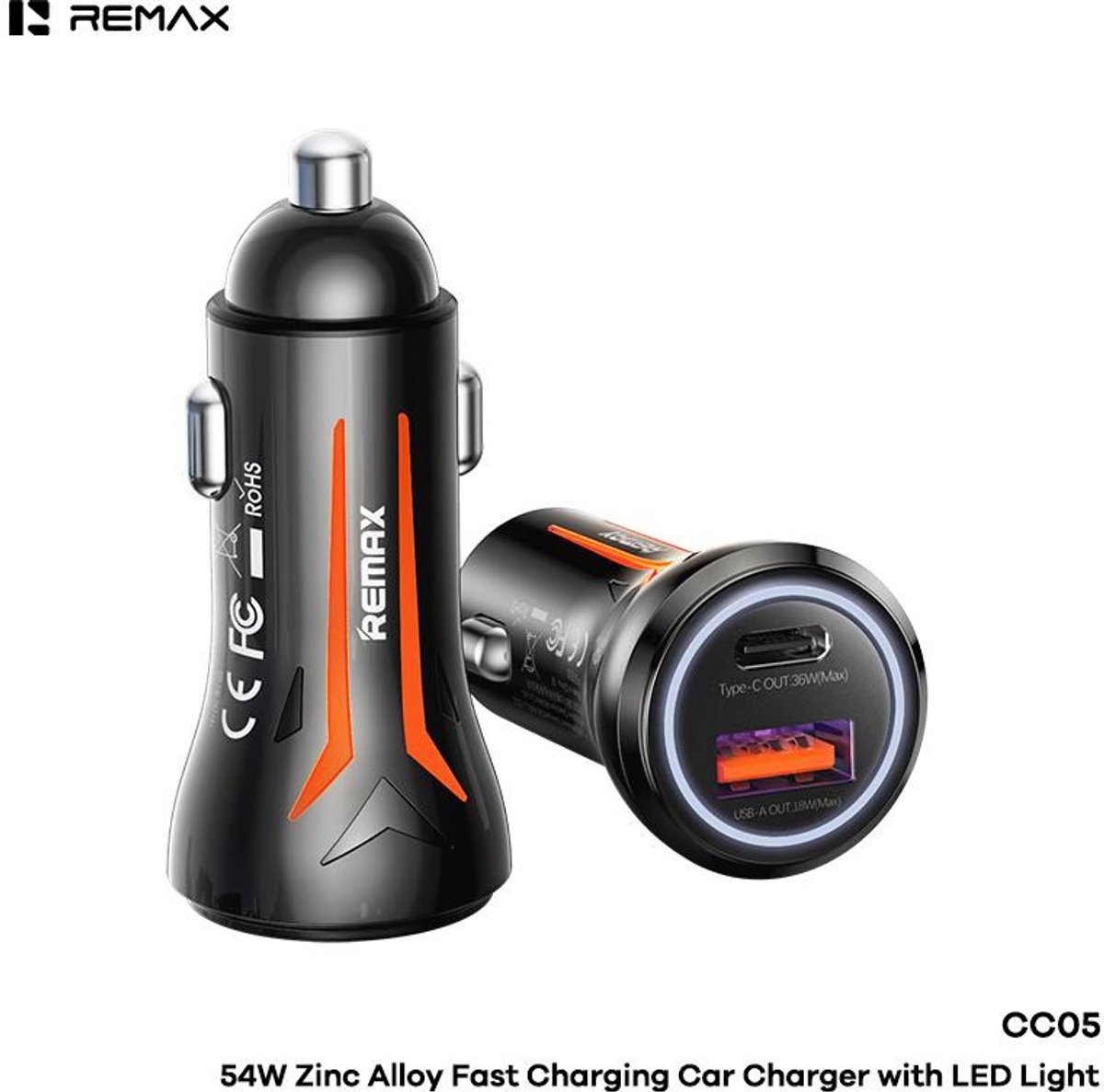 Remax CC05 - Autolader - 54W - Zinklegering - USB-A + USB-C - Ledverlichting - Tarnish