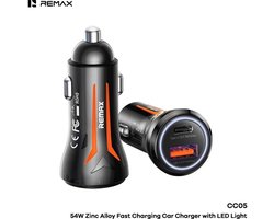 Remax CC05 - Autolader - 54W - Zinklegering - USB-A + USB-C - Ledverlichting - Tarnish