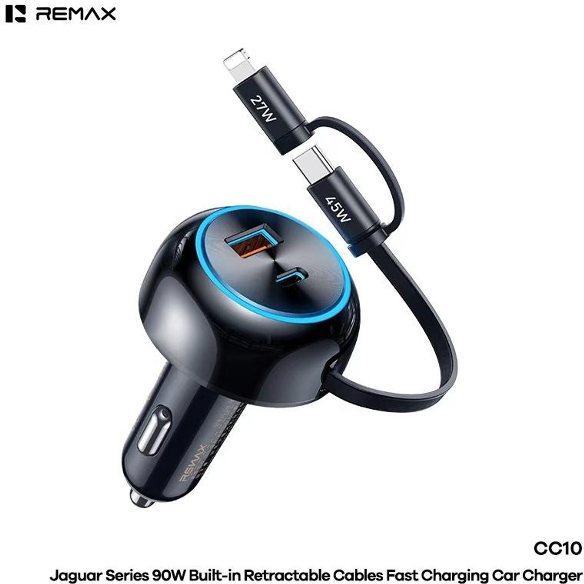 Remax CC10 Jaguar - Autolader - 90W - Intrekbare kabels - Zwart