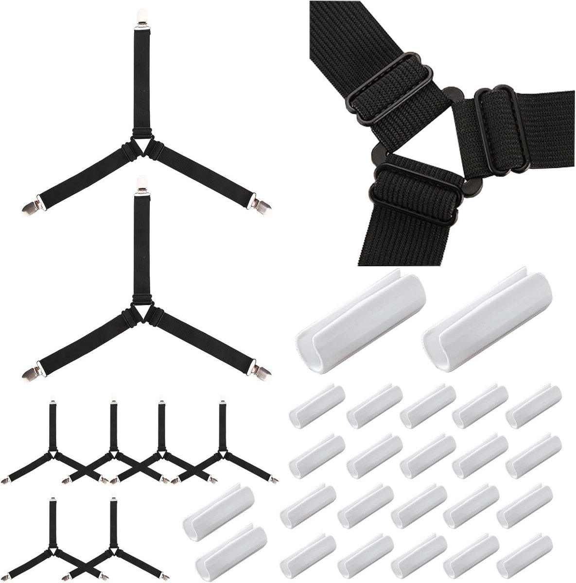 Beddensprei Set - Zwart - Verstelbaar - Metalen Clips en Kunststof Bevestigingssysteem - Voor Hoeslakens en Dekbedden