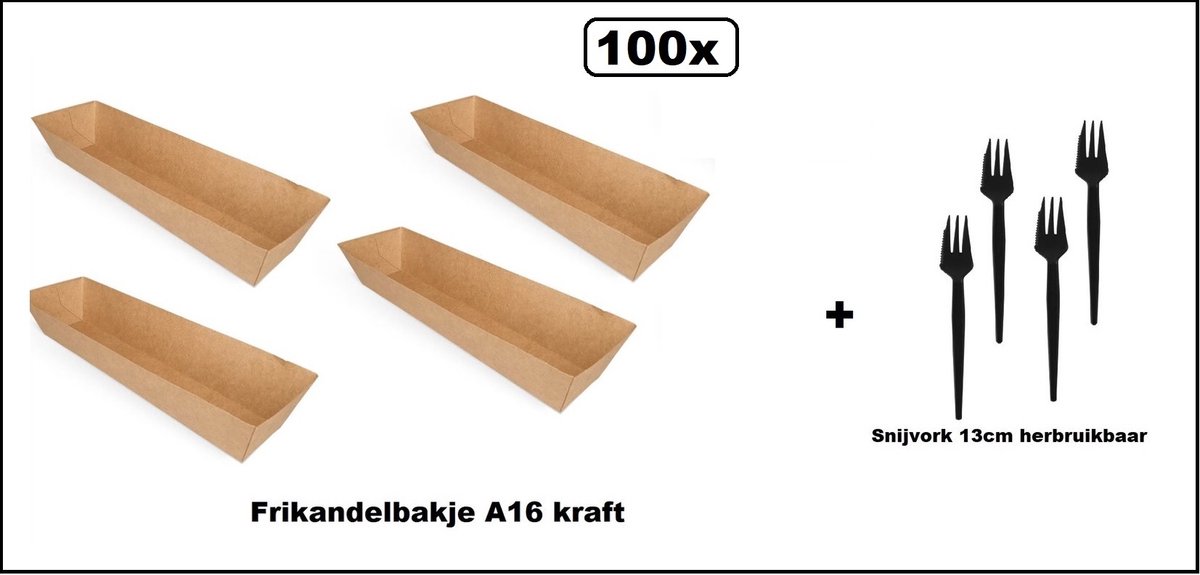 100x Frikandel bak A16 kraft + 100x snackvork met snijrand zwart – frikandel bakje snacks food take away festival thema feest