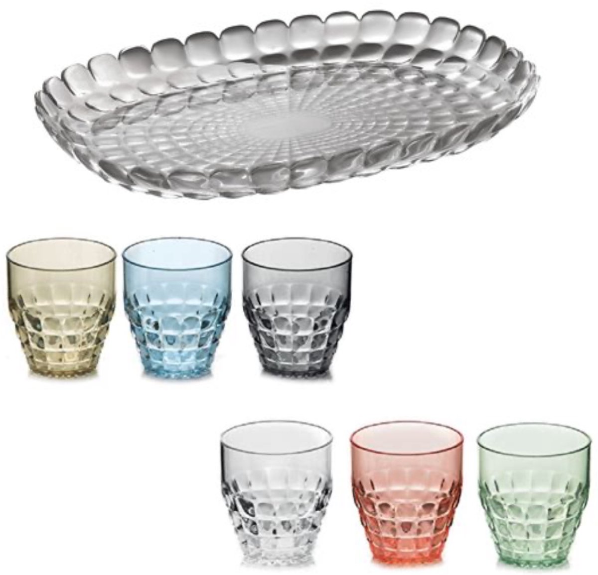 Guzzini Tiffany Tafelset 7-delig – Dienblad & 6 Lage Glazen Multicolour – Kunststof, Transparant Grijs & Multicolour – Voor Tafel, Terras & Buiten – Vaatwasserbestendig & BPA-vrij – Made in Italy