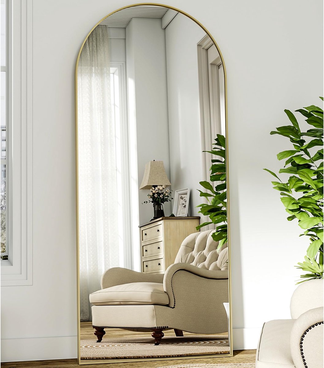 SnelShoppen - Grote boog volledige lengte spiegel 181 x 63 cm, gebogen staande spiegel, hangend of leunend, vloerspiegel met standaard voor slaapkamer