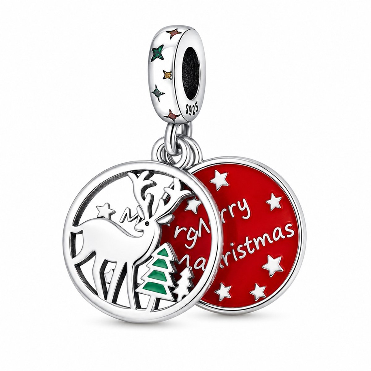 RomyStones Kerstbedel Rendier Rudolf – 925 Sterling Zilver – Dubbele Merry Christmas Bedel – Voor Bedelarmband 3 mm