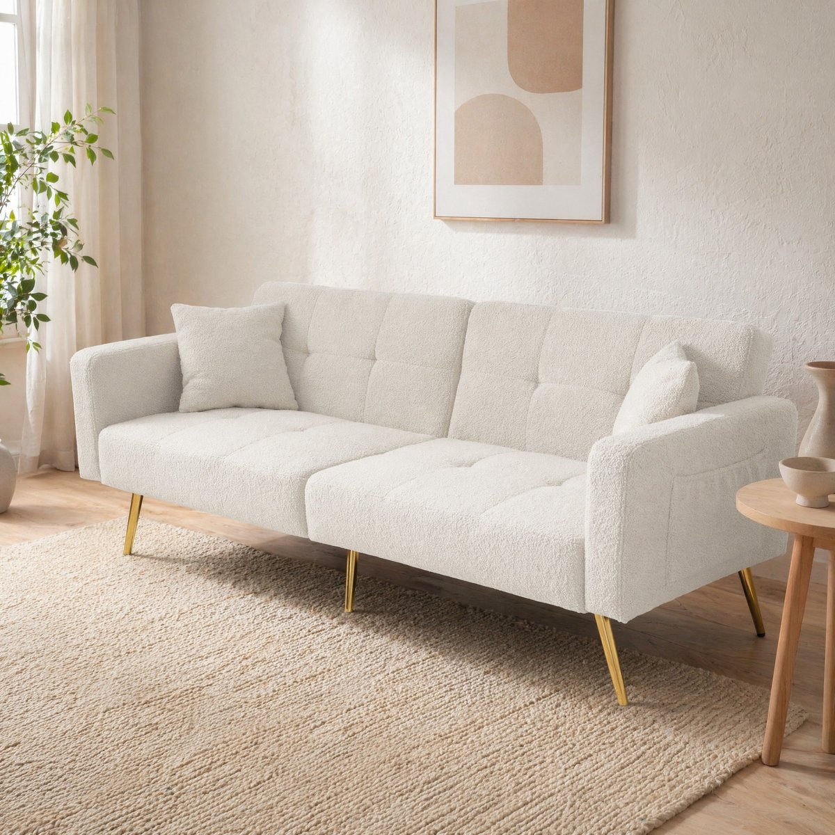 MEUNIQ Slaapbank 175 x 64 x 72 cm met verstelbare rugleuning, 2 kussens, zijvakken en gouden poten voor woonkamer, wit