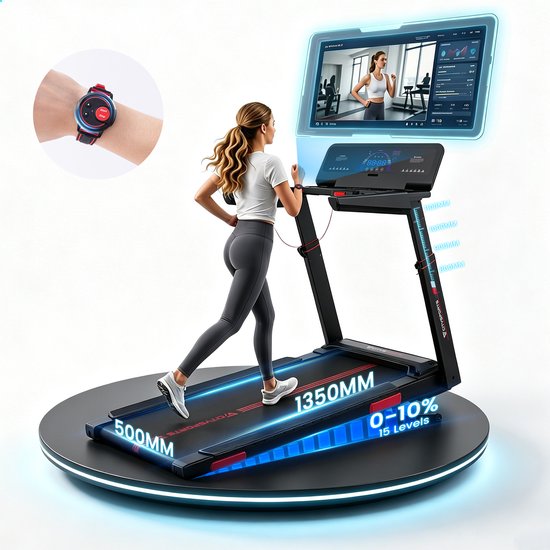 Een vrouw rent op een zwarte CITYSPORTS loopband met een touchscreen dat een work-out toont. Linksboven een smartwatch met rood accent.