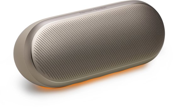 Beige Harman Kardon LUNA 2 speaker met verlichte rand aan de onderkant.