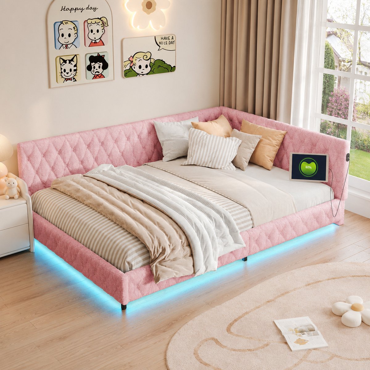 Tweezits slaapbank 140x200 met ledverlichting en USB-poorten, gestoffeerde Tweepersoonsbed moderne met lattenbodem, multifunctioneel bedframe voor volwassenen en tieners, Teddyfluweel Roze