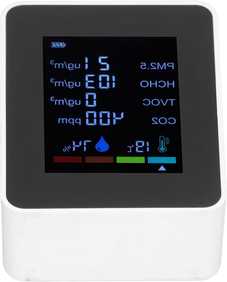 Luchtkwaliteit Monitor - CO2 Meter Detector - Binnenmilieu Testen - 6-in-1 Multifunctioneel - 9x7x3.4cm - Wit