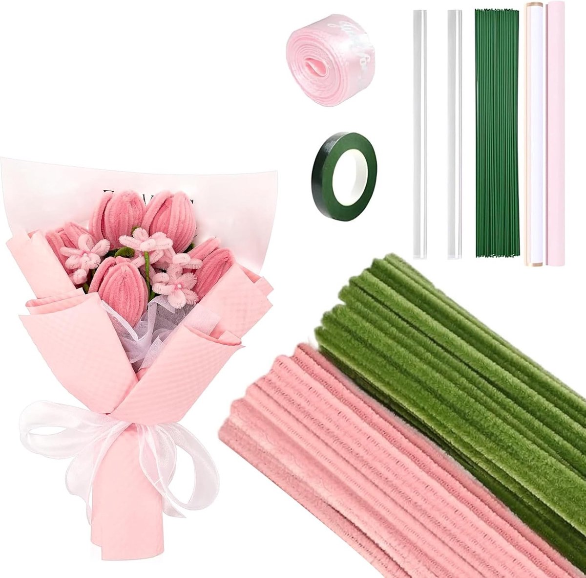Roze Tulpen Bloemen Boeket Schoonmaakset van Pluche met 6 mm Diameter voor Creatieve Knutselprojecten
