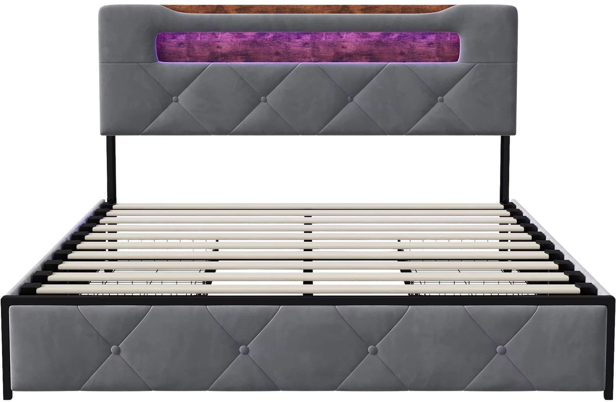 Opbergbed 160x200 cm Grijs - met LED Verlichting, Opbergruimte, Hoofdbord, Oplaadstation