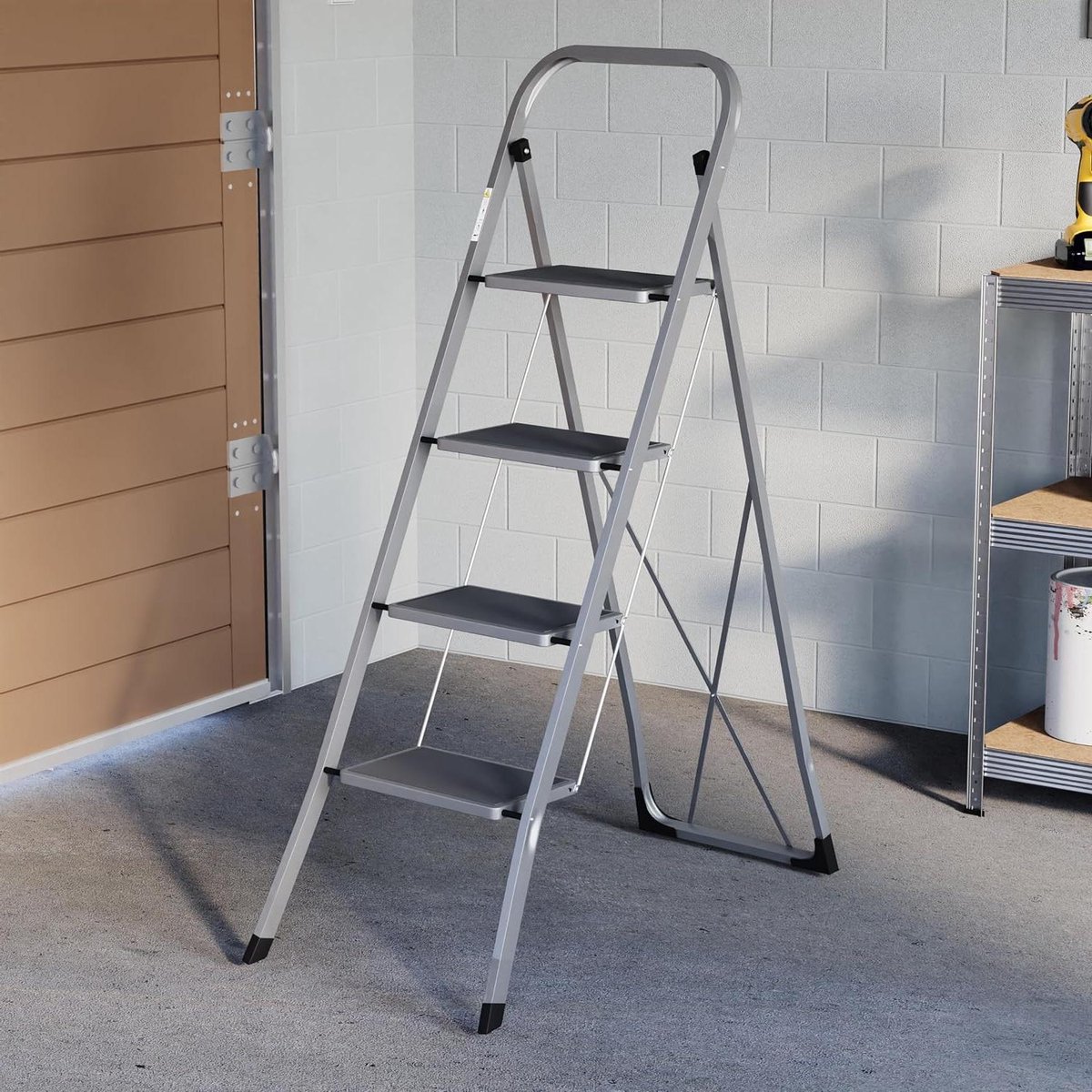 Vouwladder 4 treden - Stalen trap - Klusklare hulp - Antislip treden - 127 cm hoog - Grijs