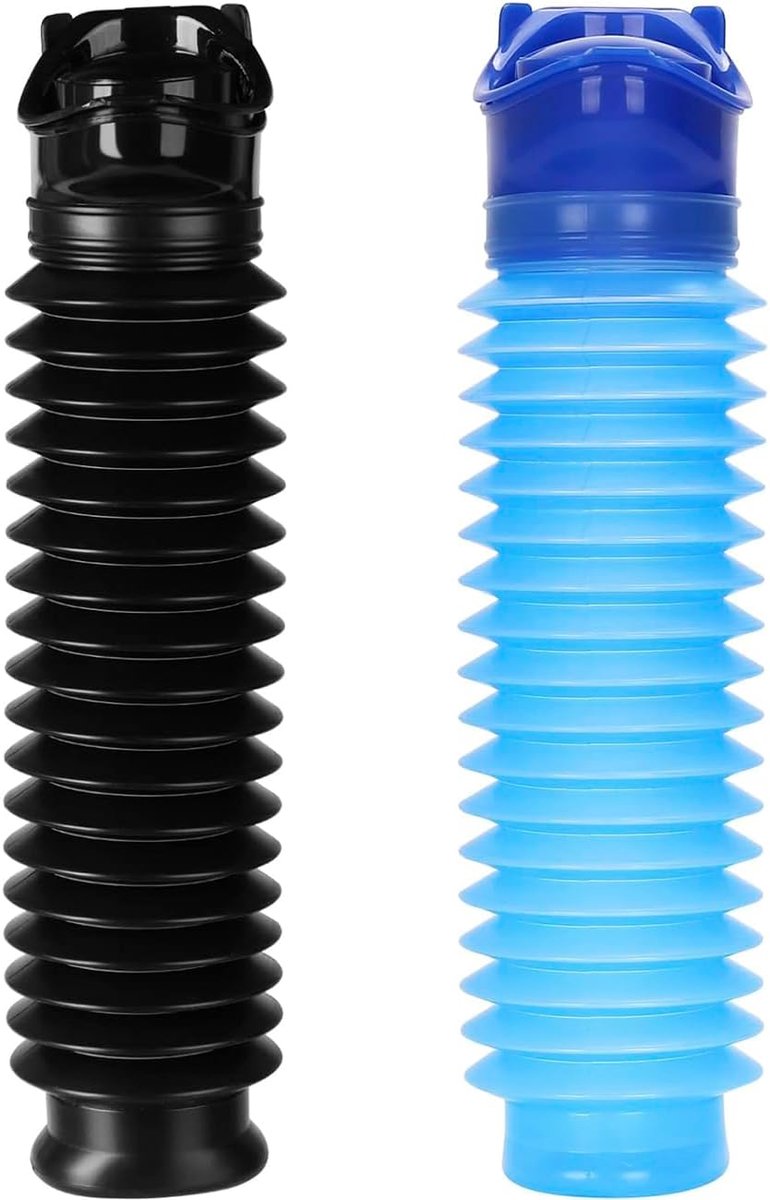 Draagbare urinoir - 2 Stuks - Kamperen - Camping Toilet - Plastic - Herbruikbaar - Plastuitje - Meeneem Toilet - Unisex - Inklapbare Urinaal - Urinoir Auto - 750ML - Zwart, blauw