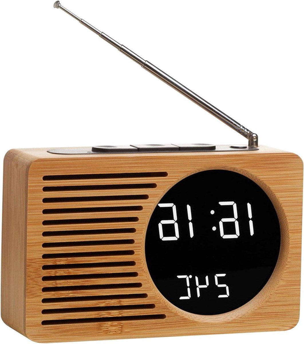 Houten Radioklok - Wekker Klok Radio - Tijd Weergeven - Spraakbediening - 9x5 cm - Bamboe