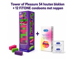 Seks spelletjes voor koppels – erotische spelletjes voor koppels – Tower of Pleasure 54 houten blokken + 12 FiTONE condooms met noppen