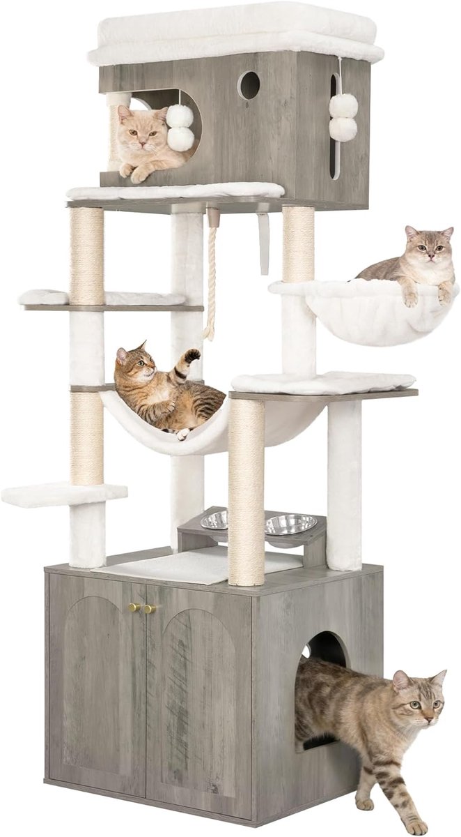 Hzuaneri Krabpaal,Afgesloten Kattenbakgedeelte,Voerstation,176 cm,Grijs