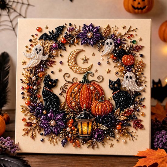 Peinture d'Halloween avec des perles scintillantes, représentant des chats noirs, des fantômes, des citrouilles, une lune et une lanterne.