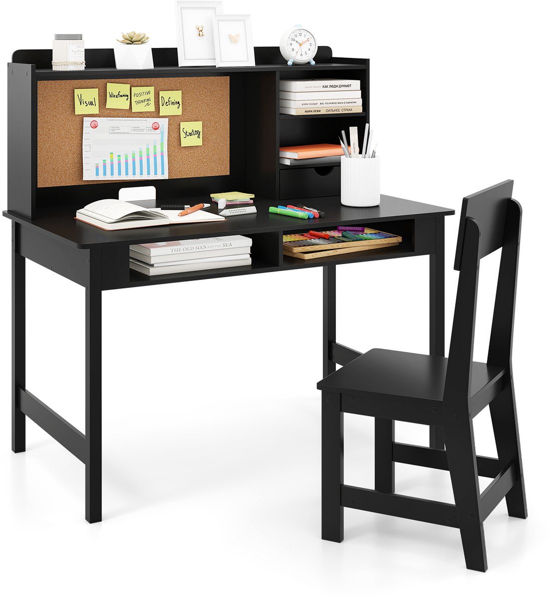 COSTWAY Kinderbureau met Prikbord, Houten Kinderschrijfbureau Set, Jeugdbureau met Stoel, Opzetstuk, Lade & Planken, Leerlingenbureau voor Kinderkamer voor Kinderen vanaf 3 Jaar (Zwart)