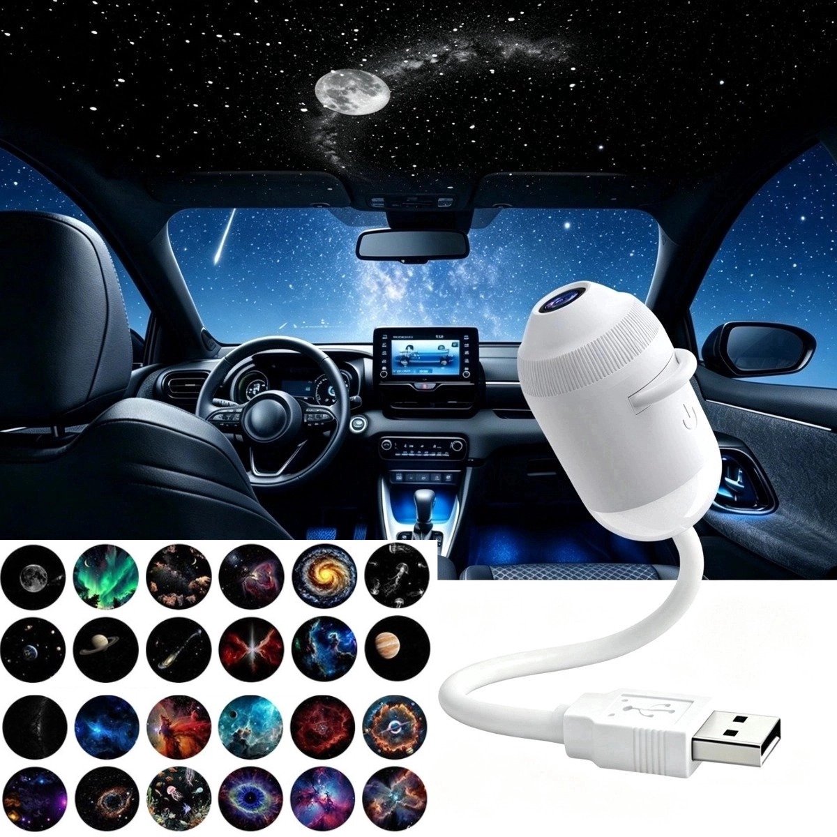 2-in-1 Projector - Sterrenprojector & Nachtlampje - met 24 Verwisselbare Films - HD - flexibele zwanenhals (360° draaibaar) - Plug-and-play - USB Aangedreven - draagbaar - Sterrenhemel Projector - Heelal - voor slaapkamers en gebruik in de auto
