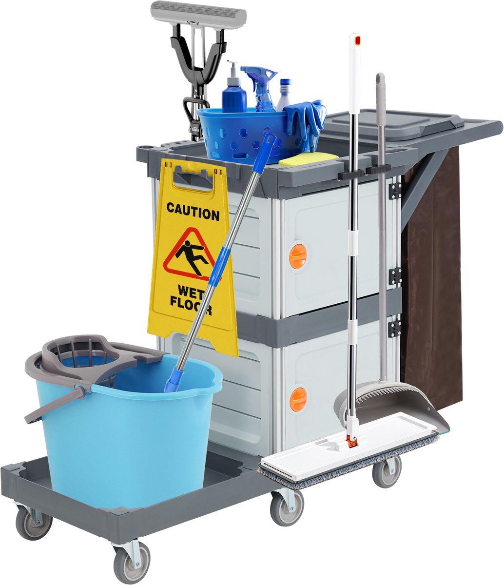 Commerciële schoonmaakwagen met opbergkasten, zwenkwielen en vuilniszakhouder, grijs 130x55x93,5 cm, professioneel voor hotels, scholen en appartementen