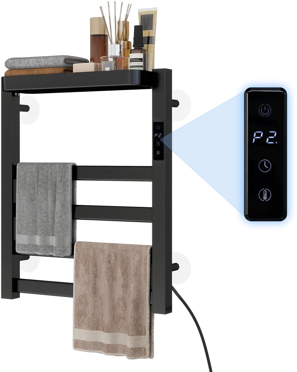 Puluomis - Elektrische handdoekhouder 72W - Wandmontage - Plank - Temperatuurregeling met 6 standen - Timerfunctie - Aluminiumlegering - 45~70℃ - Zwart