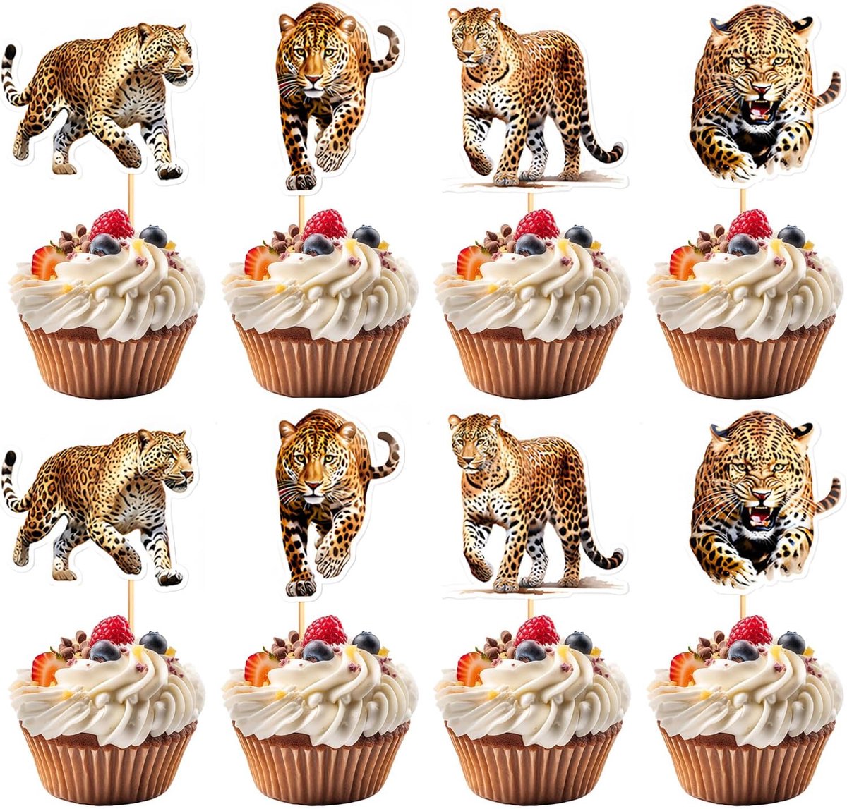 Cupcake toppers 36 stuks - safari dieren - leopard motieven - vrolijke cake decoratie voor kinderfeestjes - ShopVlot