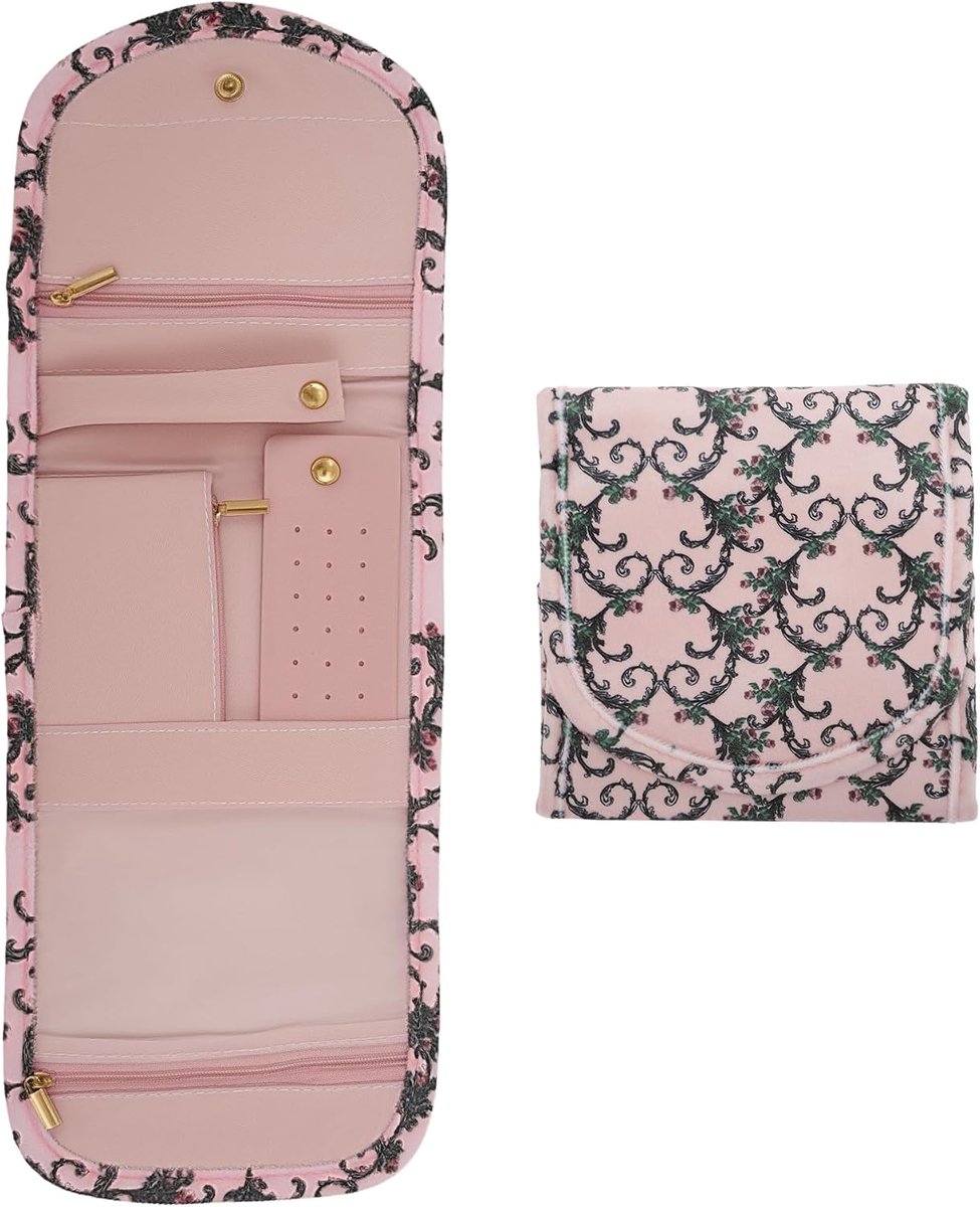 SnelShoppen - Travel Sieraden Organizer Reisaccessoires voor Sieradenopslag, Ringen, Oorbellen, Kettingen, Horloges, Velours, Klein, Roze