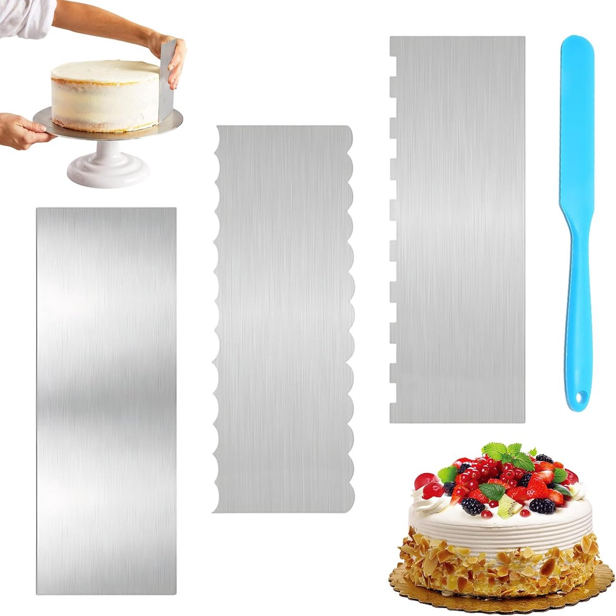 SnelShoppen - Cake Scraper Set van 3 Stuks RVS Cake Scrapers en 1 Stuk Siliconen Spatel - Professionele Cake Decoratie Tools voor Taarten, Botercrème
