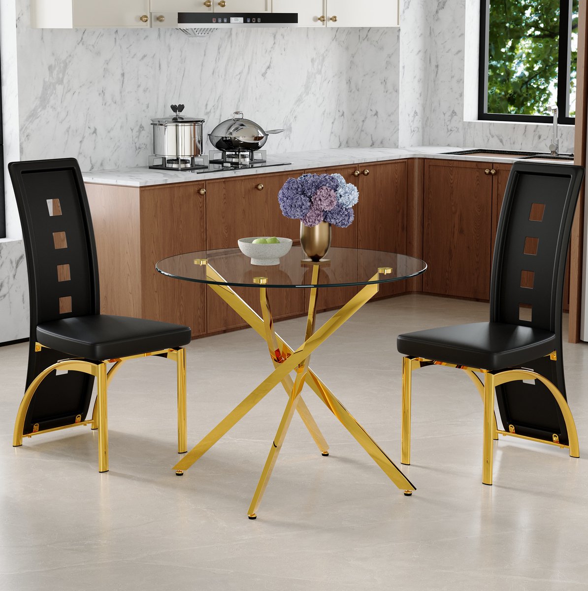REDOM - Set tafel en stoelen - Ronde eettafel van gehard glas - 1 tafel en 2 stoelen - Moderne stijl - Eetkamer en kleine ruimtes - Metaal en kunststof - Zwart, Transparant, Goud - 88 x 75 cm