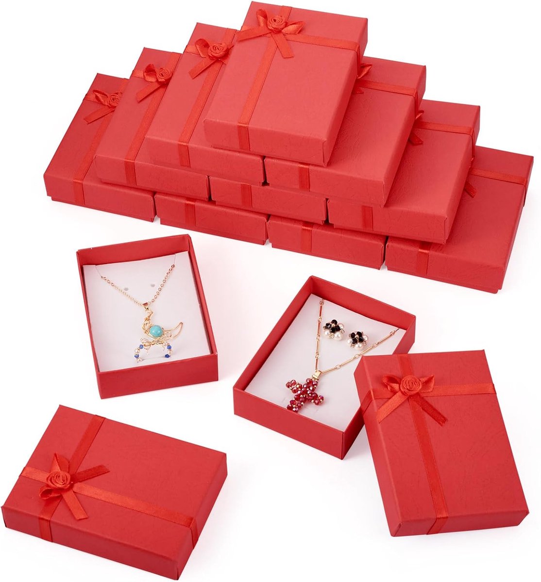 SnelShoppen - 12 Stuks Kartonnen Geschenkdozen Rode Sieraden Doos met Strik - Stevige Verpakking voor Ringen, Armbanden, Oorbellen, Kettingen - 79x108